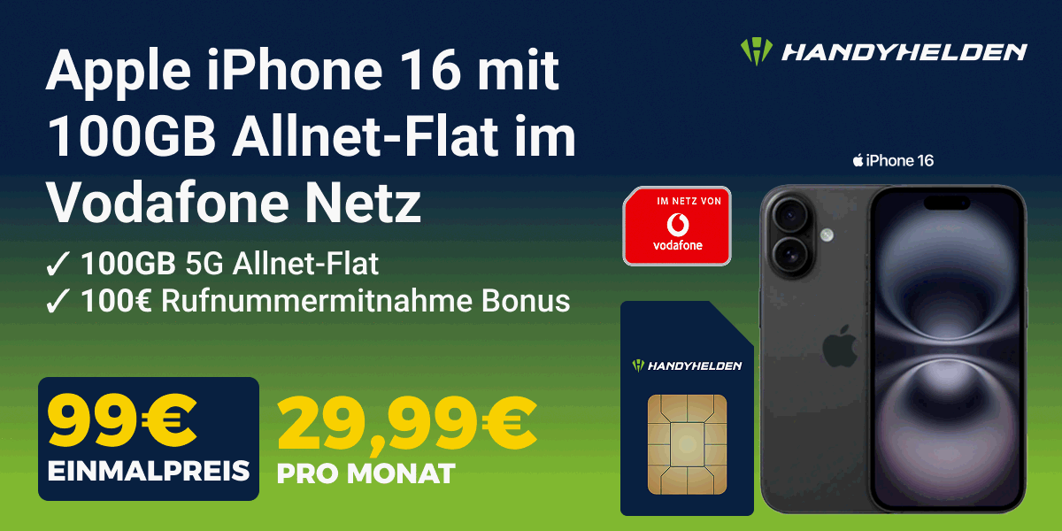 Zum Beitrag: Klarmobil: Apple iPhone 16 mit 100-GB-Vertrag für 29,99 € im Monat (gesamt: ab 720 €)