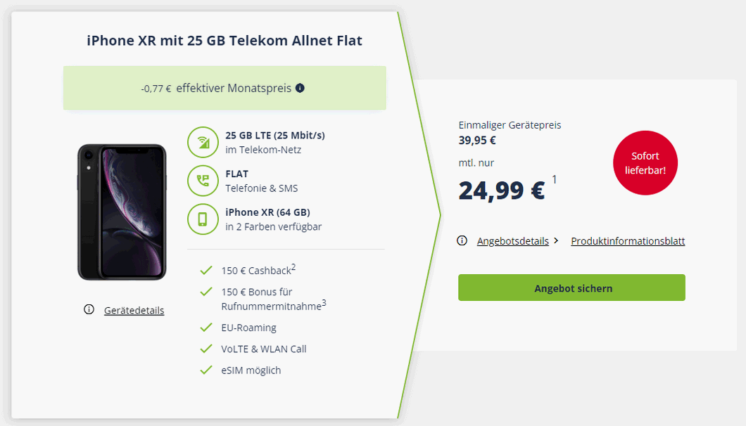 iPhone Xr zum Telekom green LTE 25 GB als Aktions-Deal: Den effektiven Monatspreis, den man dir hier ausrechnet, nimm bitte nicht allzu ernst
