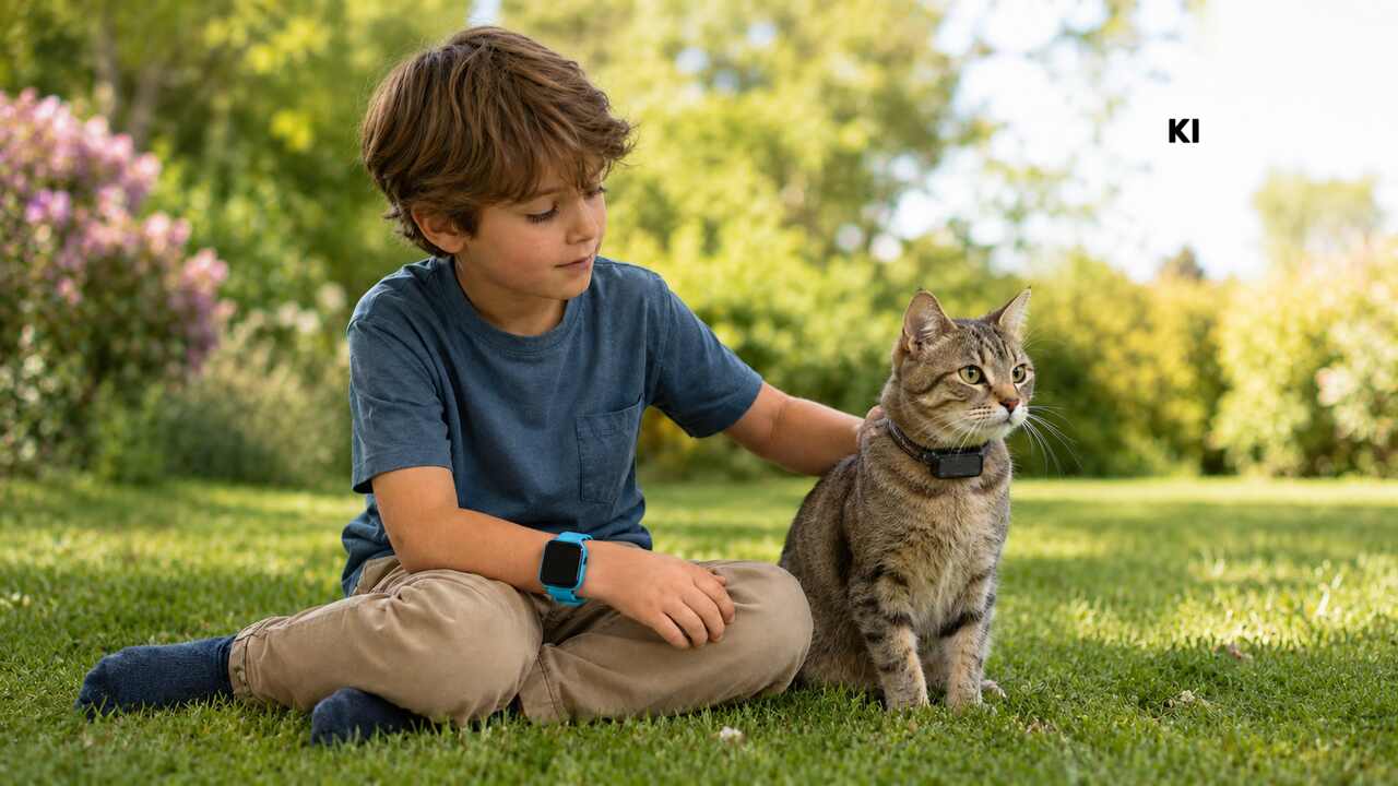 Kind mit Smartwatch und Katze mit GPS-Halsband