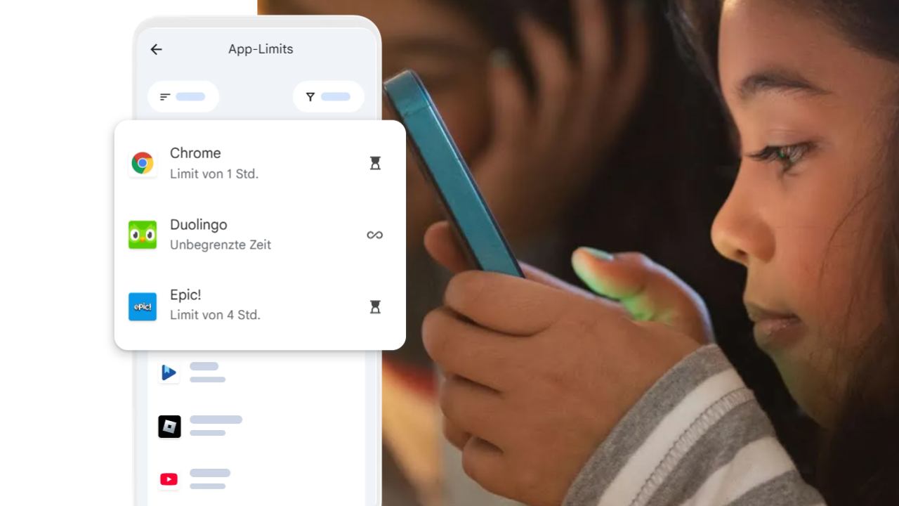 Kind mit Smartphone und Google Family Link Kind mit Smartphone und Google Family Link