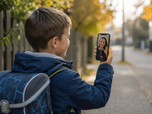 Kindertarif Schulanfänger mit Handy ruft Mutter an Kindertarif Schulanfänger mit Handy ruft Mutter an