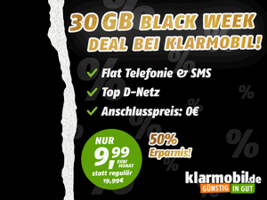 Zum Beitrag: Klarmobil Allnet-Flat mit 30 GB zur Black Week für 9,99 € im Monat