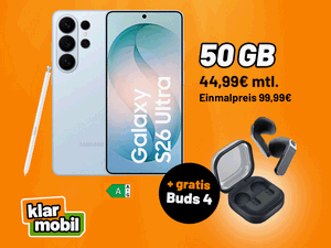 Zum Beitrag: Klarmobil: Samsung Galaxy S26 Ultra + Galaxy Buds4 für 99,99 € zum 50-GB-Vertrag für 44,99 € im Monat (gesamt: 1.180 €)