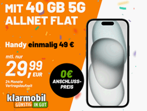 Zum Beitrag: Klarmobil: iPhone 15 Deal für 49,99 € mit 40 GB Allnet-Flat mit 5G (!) im Vodafone-Netz für 29,99 € im Monat