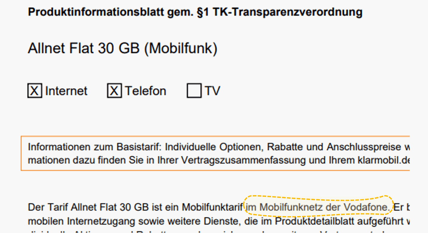 Klarmobil: Die Netzzugehörigkeit findest du mittlerweile auch im Produktinformationsblatt (PIB)