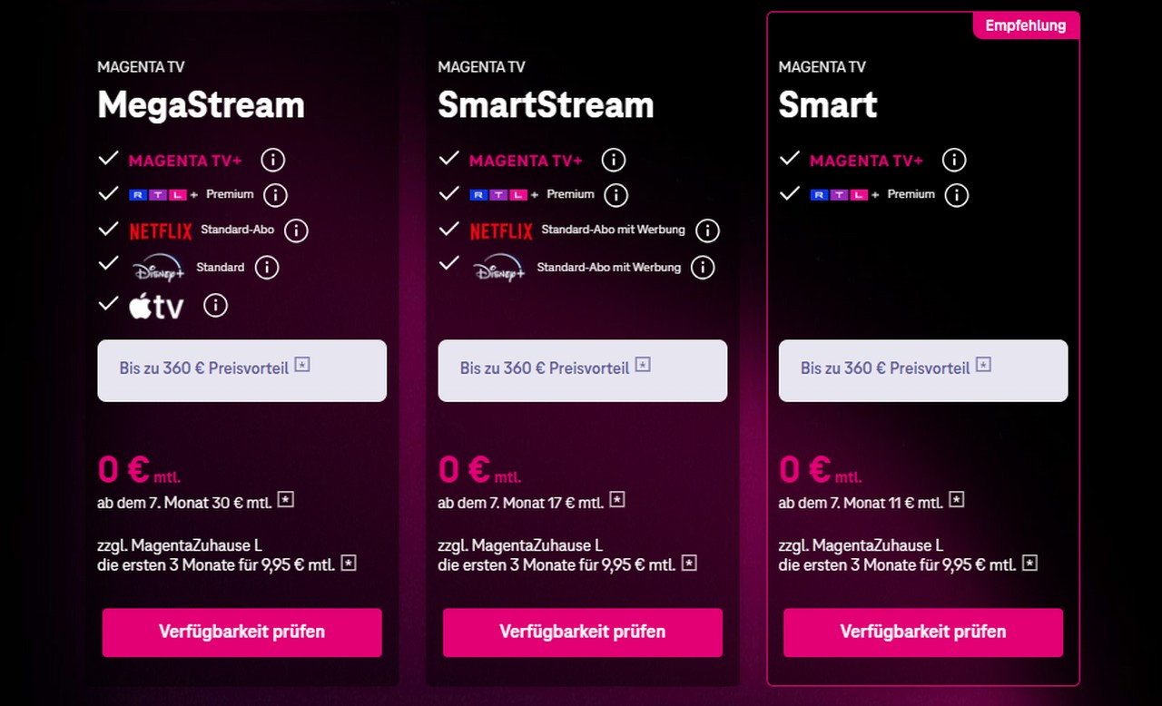 Preisübersicht: MagentaTV SmartStream (in der Mitte) kostet derzeit noch 17 € pro Monat – nach einem halben Jahr