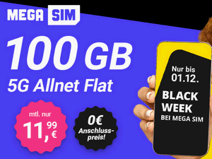 Zum Beitrag: Mega SIM mit 100 GB Allnet-Flat für 11,99 € im Monat − und im Laufzeit-Vertrag ohne Anschlusspreis