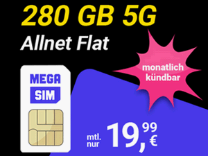 Zum Beitrag: Mega SIM: 280 GB Allnet-Flat für 19,99 € im Monat in der Black Week