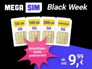 Zum Beitrag: Mega SIM 50 GB Allnet-Flat für 9,99 € im Monat: Bestpreis zur Black Week