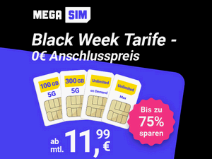 Zum Beitrag: Mega SIM: Black Friday Aktion 2025 startet − Highlights: 100 GB für 12 €, Unlimited on Demand 15 € und 300 GB für 20 € im Monat