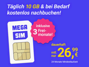 Zum Beitrag: Mega SIM o2 Unlimited Flat on Demand für 26,99 € im Monat − 3 Gratismonate möglich (Ø: 24,45 €)