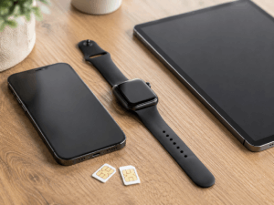 MultiSIM, Smartphone, Tablet, Smartwatch auf Tisch mit SIM