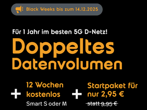 Zum Beitrag: NORMA Connect Black Week(s): Allnet-Flat 12 Wochen gratis, 52 Wochen doppeltes Datenvolumen − Startpaket für 2,95 €