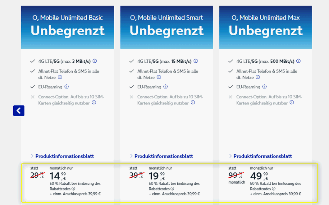 o2 Mobile Unlimited-Tarife mit 50 Prozent Rabatt (per Gutscheincode)
