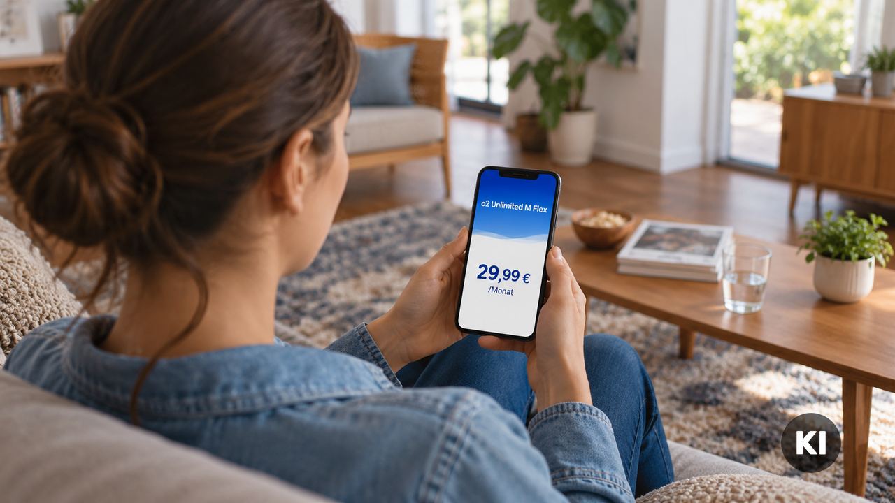 Frau blickt auf Smartphone mit den o2 Unlimited M Flex Tarif aus der Aktion für 29,99 € im Monat ohne Anschlusspreis