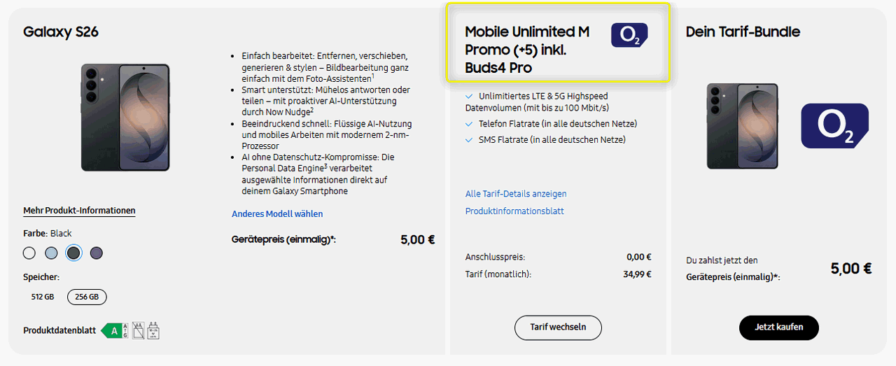 Samsung Galaxy S26 mit Galaxy Buds4 Pro (Zugabe) zur o2-Flatrate