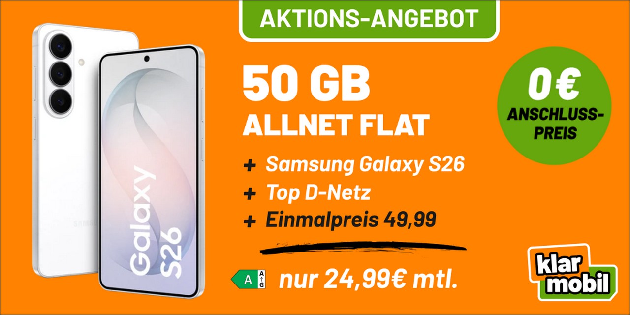 Samsung Galaxy S26 für 49,99 € zur 50 GB Klarmobil Allnet-Flat im Vodafone-Netz für 24,99 € Grundgebühr