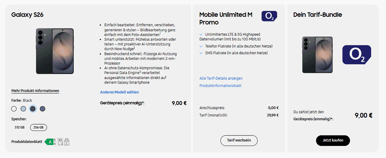 Samsung Galaxy S26 für 9 Euro zur o2 Mobile Unlimited M für 29,99 Euro im Monat