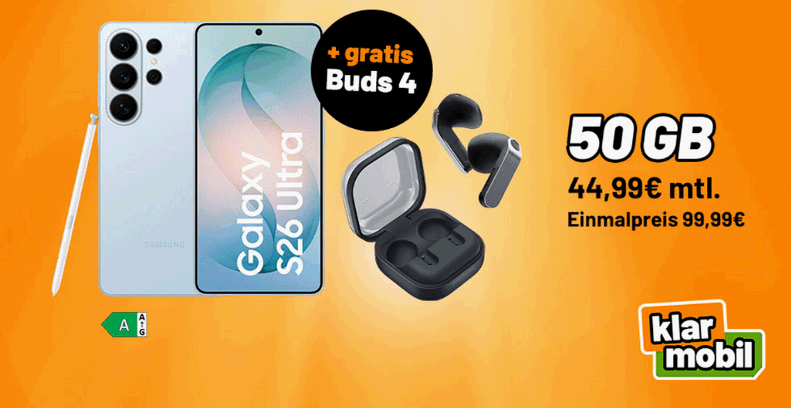 Samsung Galaxy S26 Ultra mit Galaxy Buds4 zur Klarmobil Vodafone Allnet-Flat für 44,99 € im Monat 