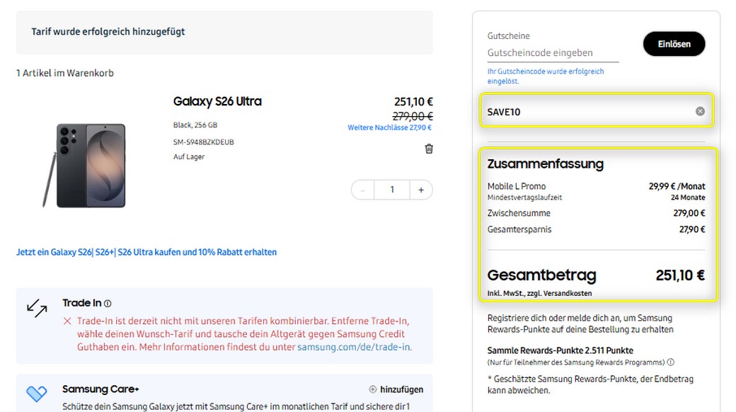Samsung Tarifwelt Gutschein: 10% Rabatt auf die einmalige Zuzahlung fürs Galaxy S26, S26+ und Ultra Samsung Tarifwelt Gutschein: 10% Rabatt auf die einmalige Zuzahlung fürs Galaxy S26, S26+ und Ultra