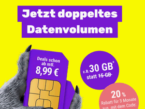 Zum Beitrag: SIMon mobile: Doppeltes Datenvolumen für Neukunden in den ersten 6 Monaten − und 20% Rabatt für die ersten 3 Monate