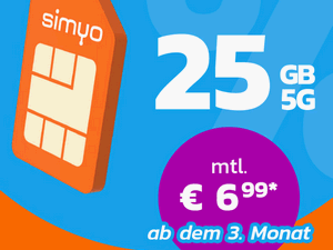 Zum Beitrag: Simyo S: 25 GB Allnet-Flat für 6,99 € + 2 Freimonate (Ø: 6,41 €)