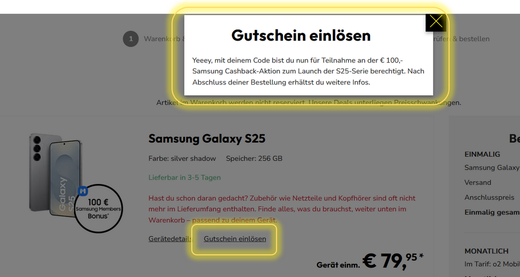 sparhandy Gutscheincode für 100 € Cashback auf die Galaxy-S25-Serie