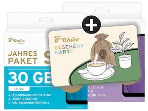 Zum Beitrag: Tchibo MOBIL Jahrespakete (5G) − von 69,99 € (2,5 GB pro Monat) bis 149 € (18 GB pro Monat)