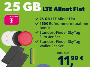 Zum Beitrag: Telekom green LTE 25 GB: Allnet Flat für 11,99 € im Monat – durch 150 € Wechselbonus und 6 Standort-Tracker attraktiv (Ø: 5,95 € mtl.)