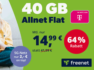 Zum Beitrag: Telekom green LTE mit 40 GB Datenvolumen für 14,99 € oder 16,99 € (mit 5G-Option) im Monat als freenet-Deal zum Sonderpreis