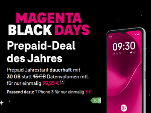 Zum Beitrag: Telekom Prepaid-Jahrestarif mit 12x 30 GB = 360 GB Allnet-Flat für 99,95 € (Ø 8,33 € im Monat) − und das T Phone 3 für einmalig 3 € dazu