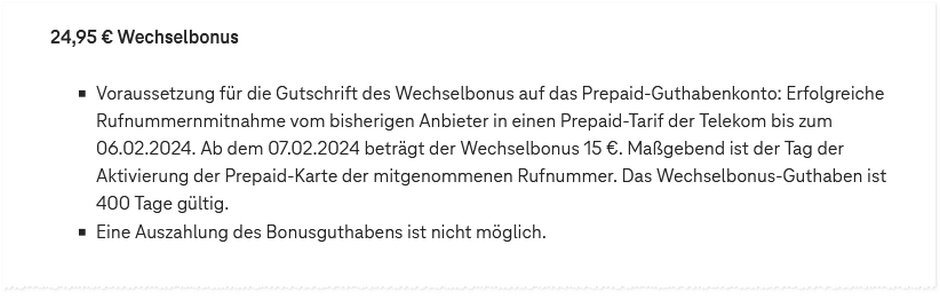 Der Telekom Prepaid-Wechselbonus sinkt ab dem 7.2.2024 auf 15 €. Zuvor gab es stattliche 24,95 € (Screenshot vom Sternchentext)