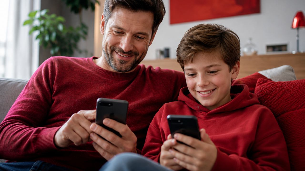 Vater und Sohn surfen mit dem Smartphone und der Vodafone-FamilyCard