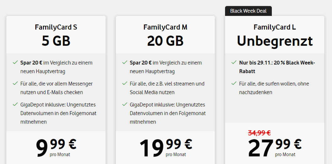 Vodafone FamilyCard L mit unbegrenztem Datenvolumen: Als Black-Week-Deal schon für 27,99 € im Monat