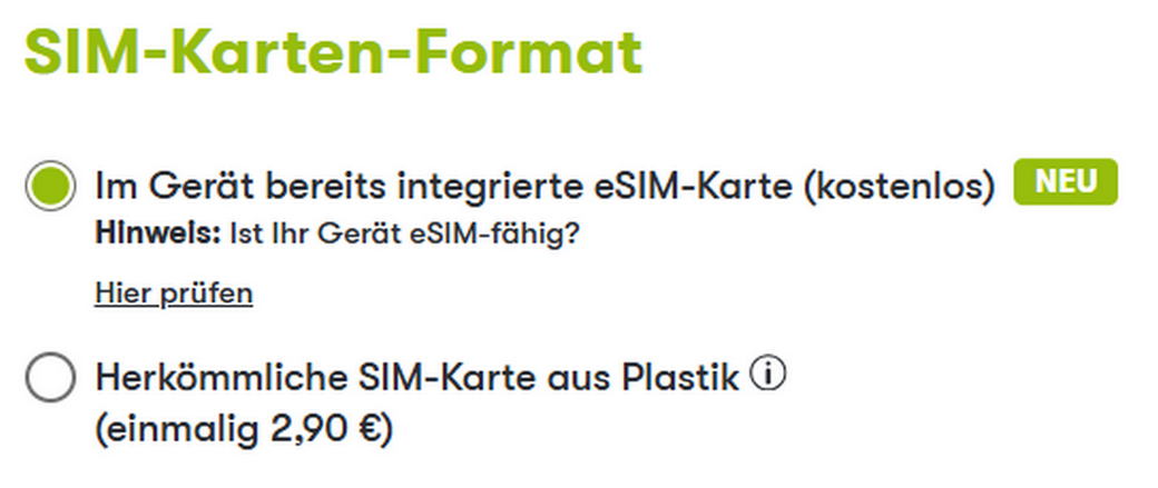 Die winSIM eSIM ist gratis, die 3-in-1-Plastik-SIM-Karte kostet 2,90 €